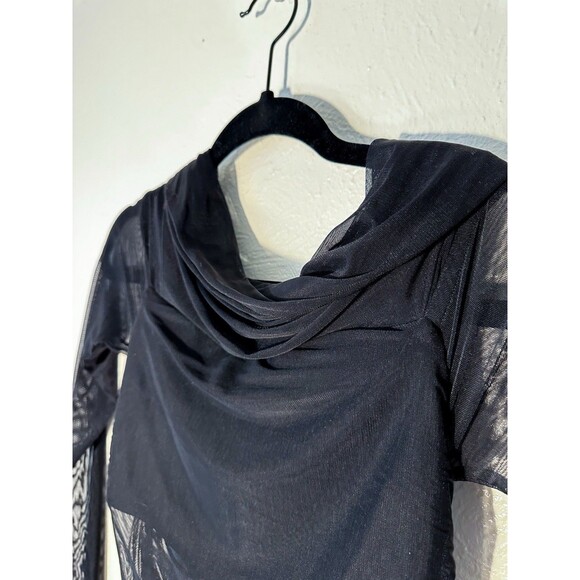 Alice & Olivia Black Mesh Midi Dress Women’s Size 2 Ruched Body-con Off Shoulder - Picture 7 of 9